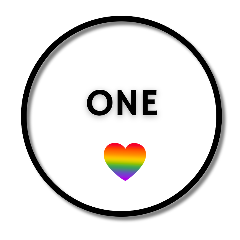 ONE collection logo featuring the word 'One' in bold typography with a vibrant rainbow gradient background and soft light beams, symbolizing unity, love, and inclusivity.