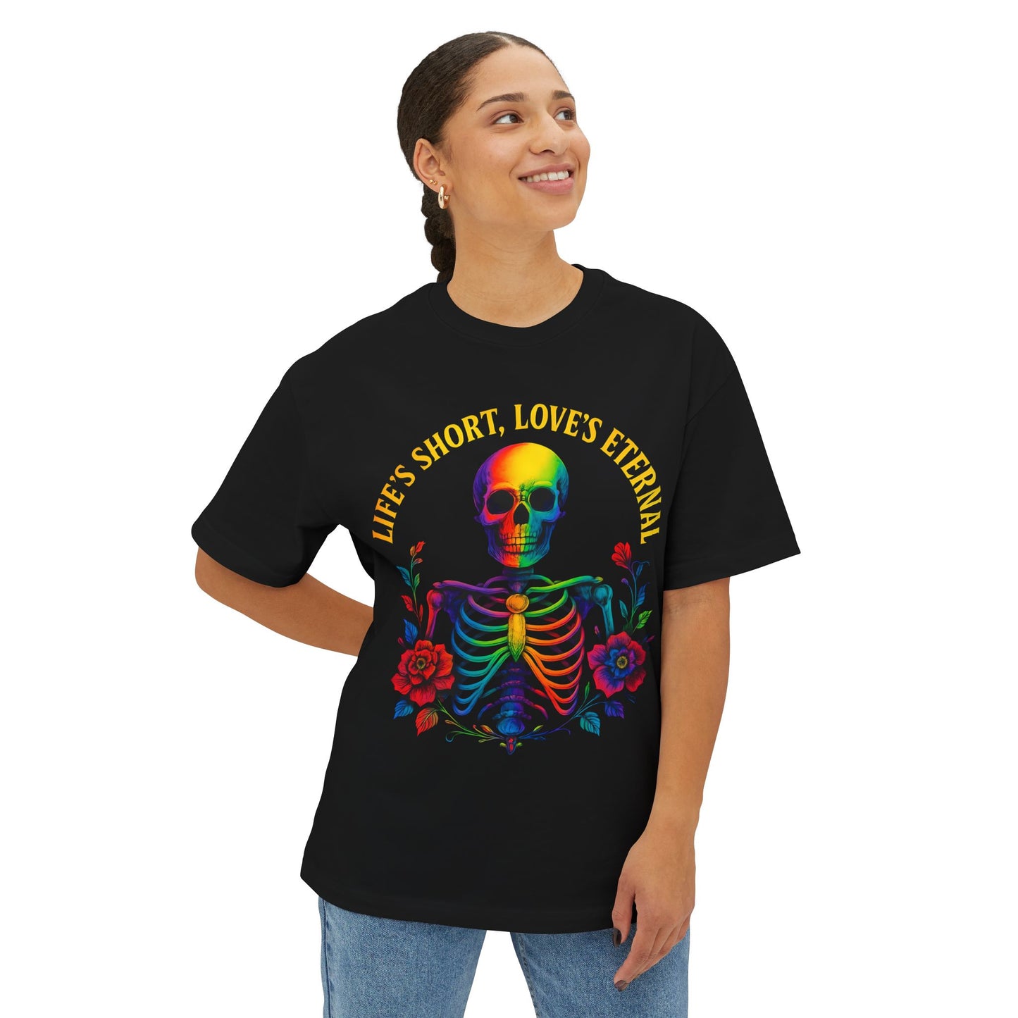 Unisex Oversized Boxy Tee - "Life's Short, Love's Eternal" Rainbow  Skeleton Graphic