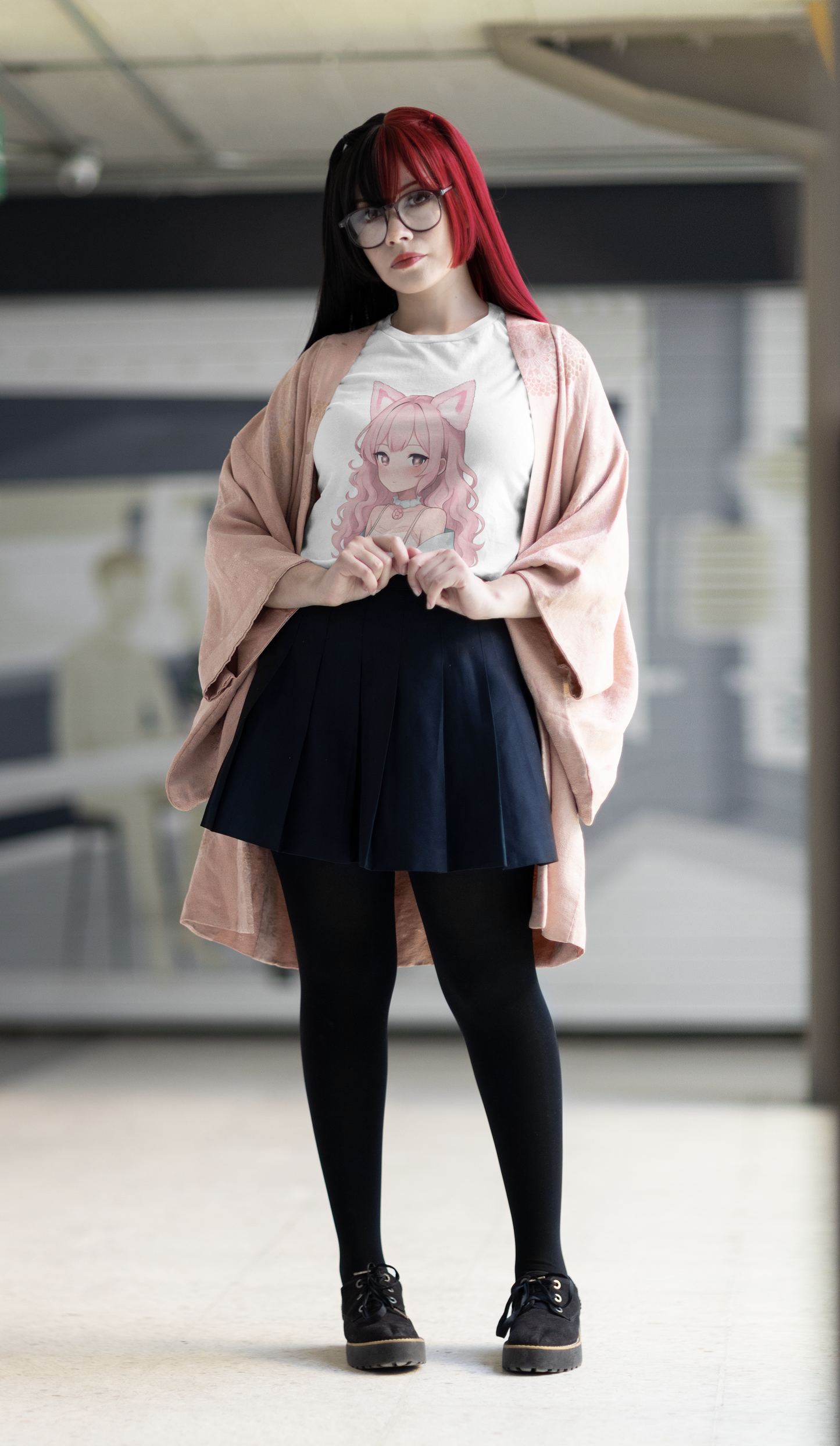 Pink Konnichiwa Manga Girl Anime Tee