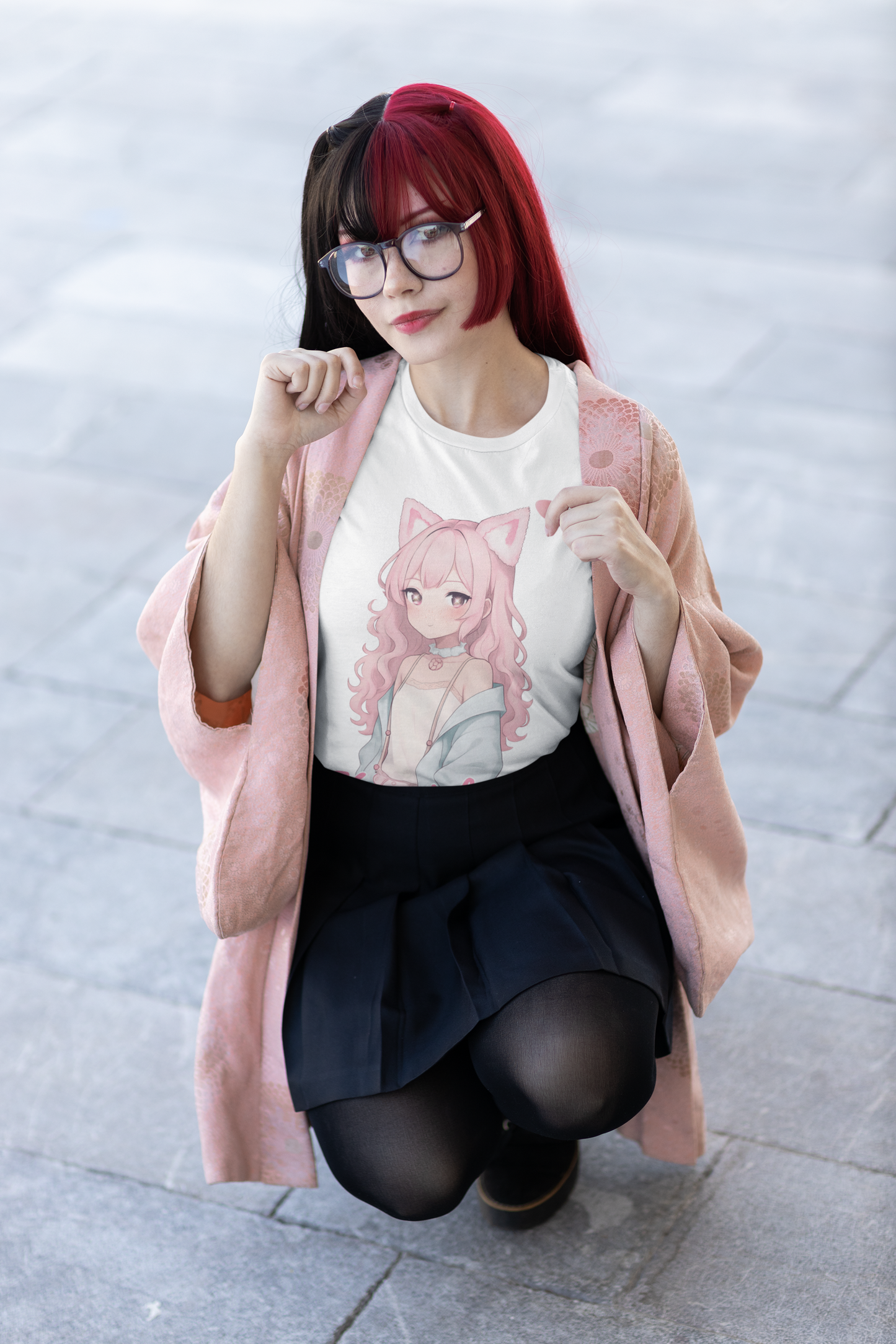 Pink Konnichiwa Manga Girl Anime Tee
