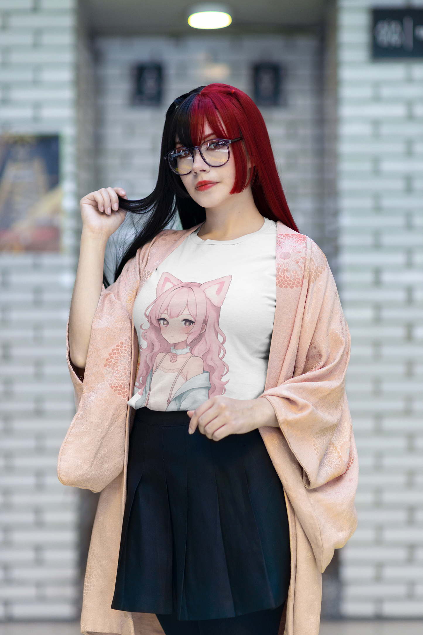 Pink Konnichiwa Manga Girl Anime Tee