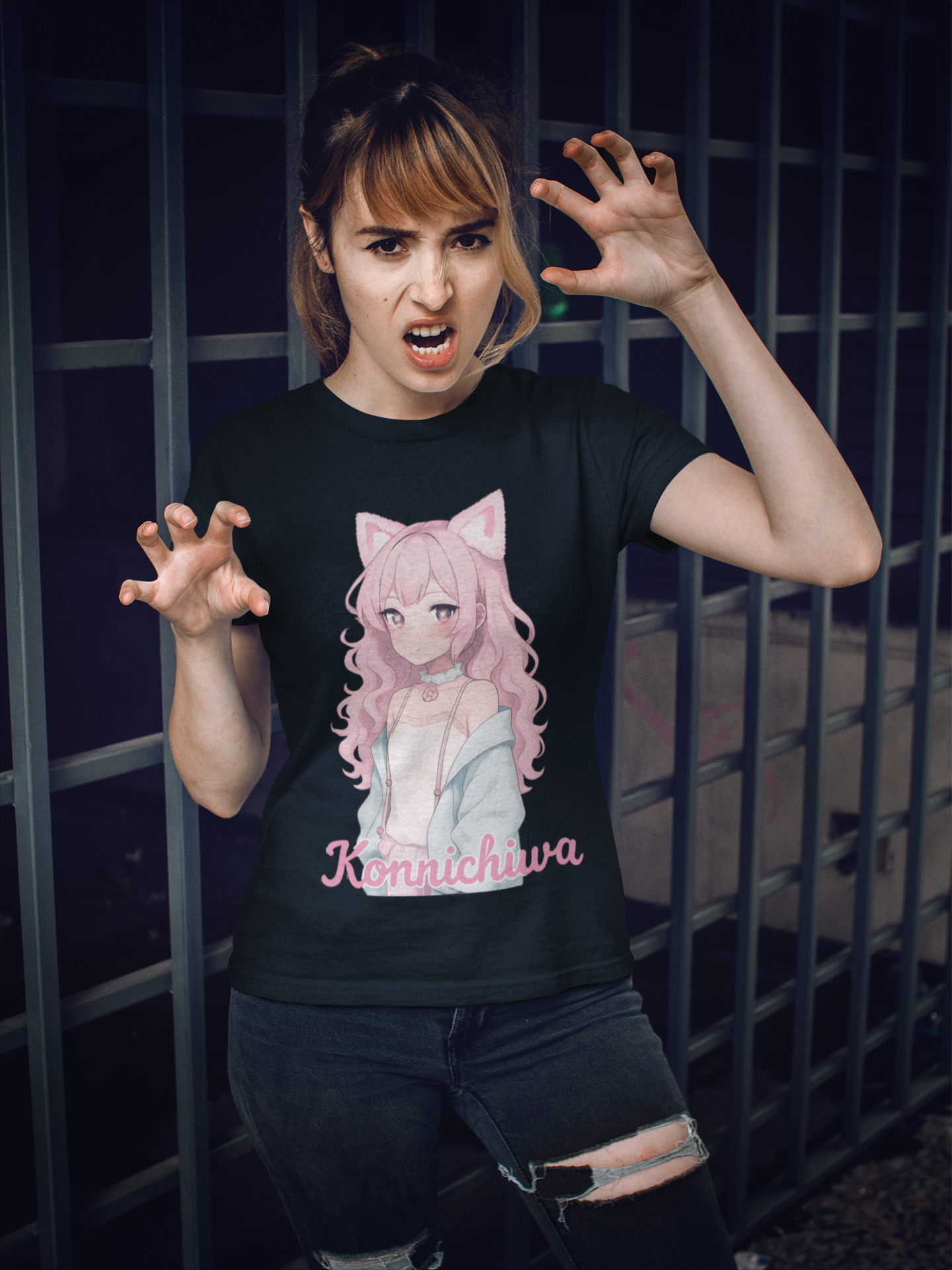 Pink Konnichiwa Manga Girl Anime Tee