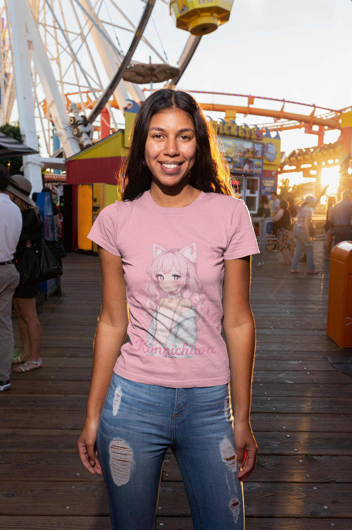 Pink Konnichiwa Manga Girl Anime Tee