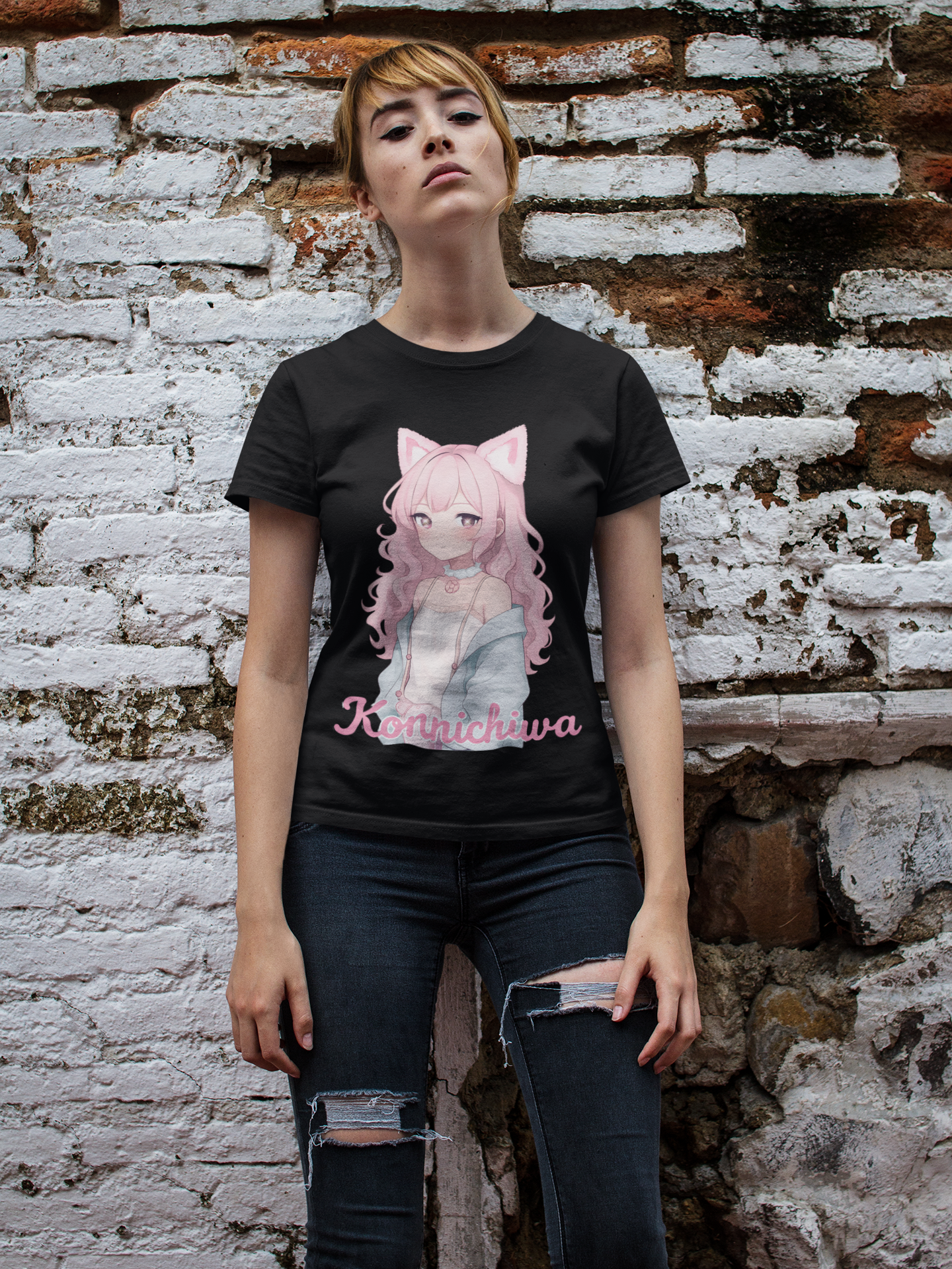 Pink Konnichiwa Manga Girl Anime Tee