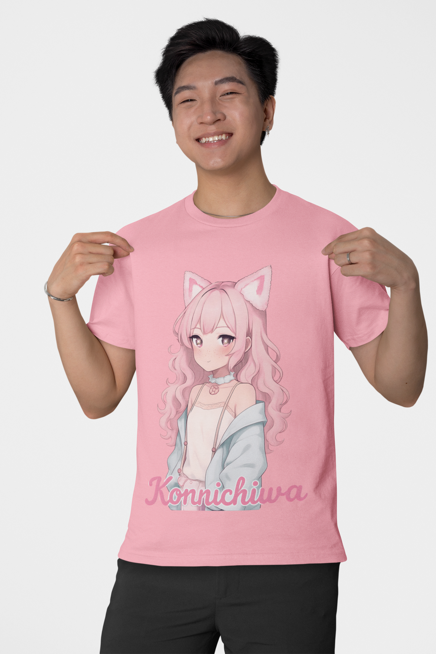 Pink Konnichiwa Manga Girl Anime Tee
