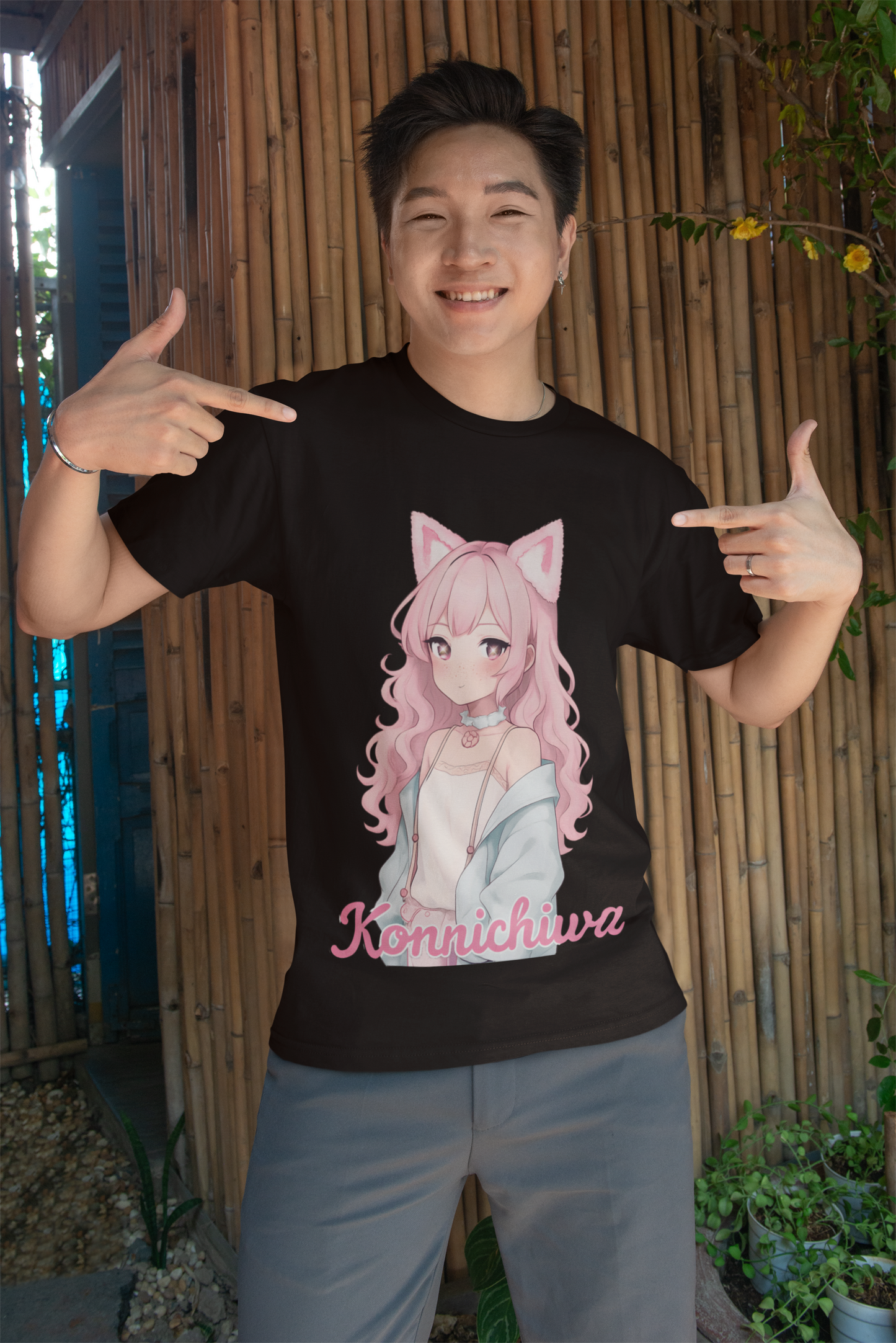 Pink Konnichiwa Manga Girl Anime Tee