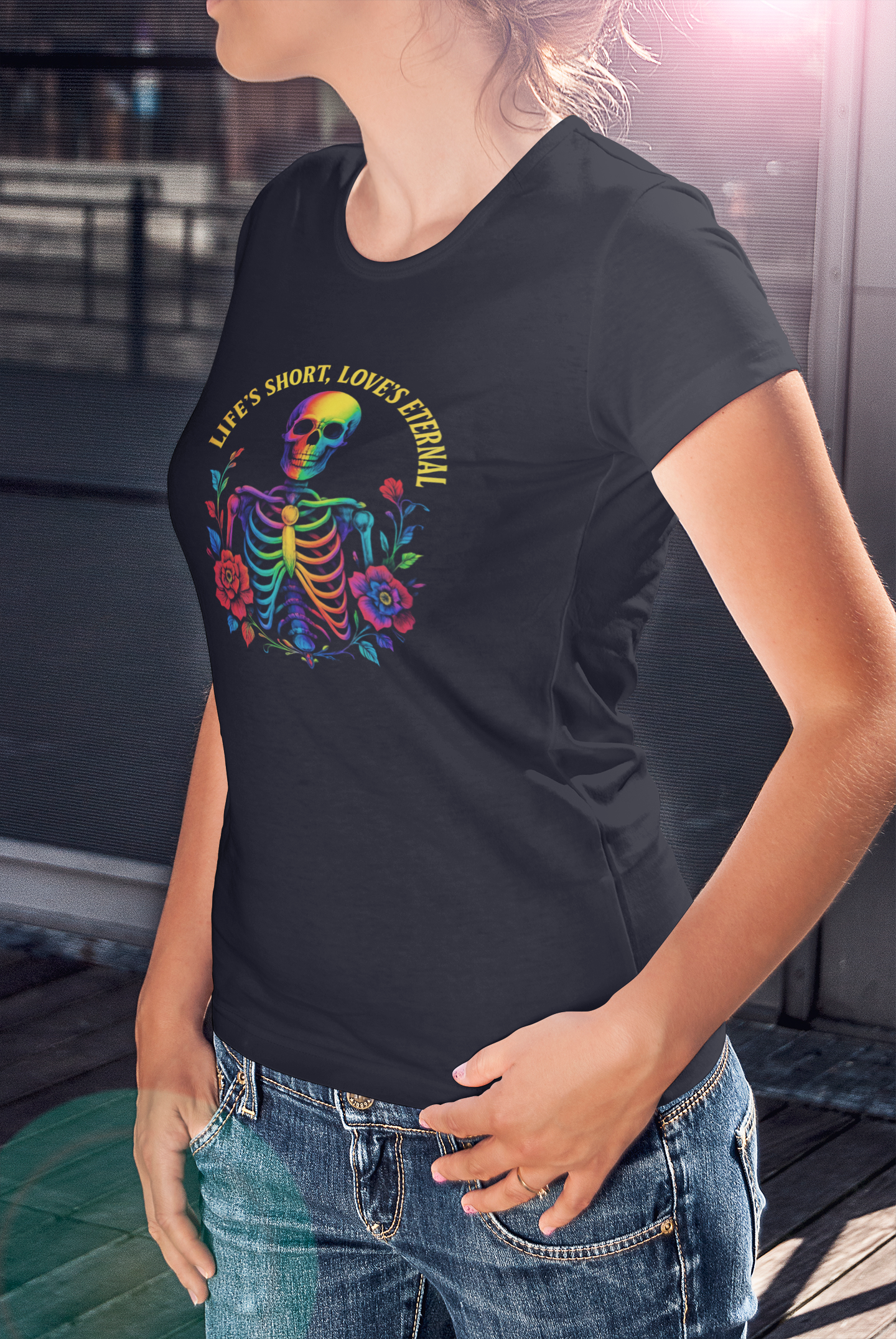 Life’s Short, Love’s Eternal – Rainbow Skeleton Women's Tee for Love and Pride