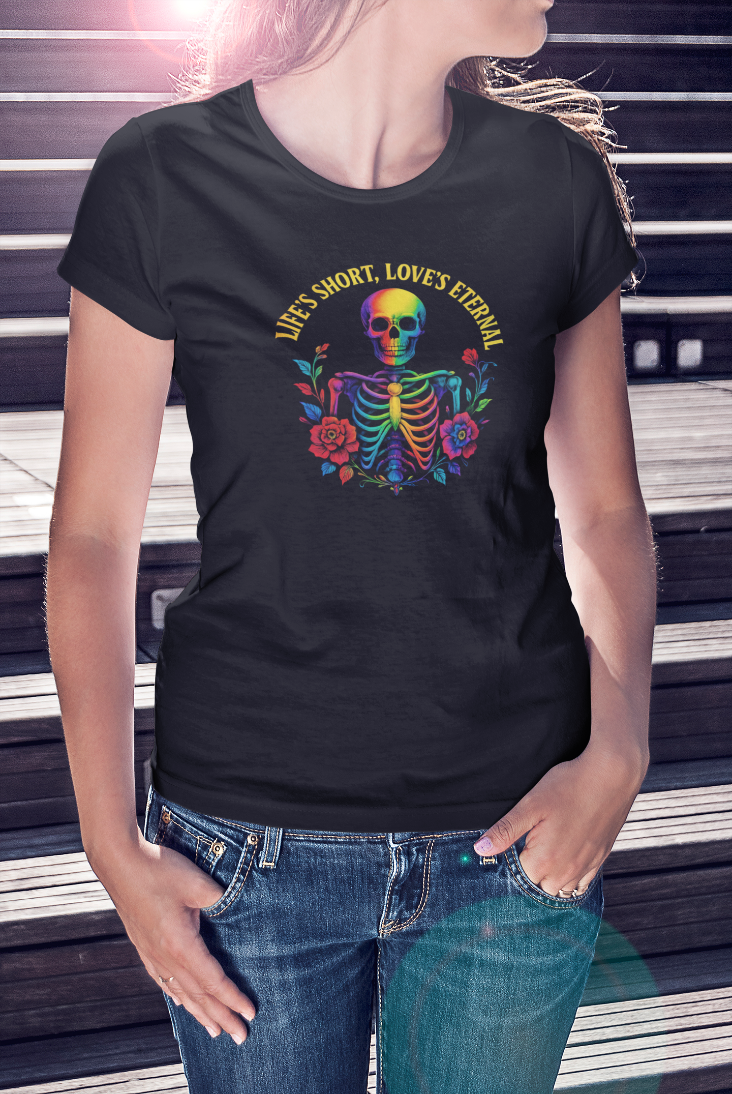 Life’s Short, Love’s Eternal – Rainbow Skeleton Women's Tee for Love and Pride