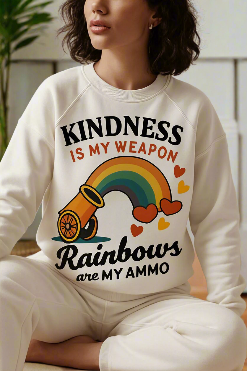 Close-up of a white sweatshirt featuring the bold and colorful design 'Kindness is My Weapon, Rainbows are My Ammo,' with a cannon shooting a vibrant rainbow and hearts. This design celebrates positivity, kindness, and LGBTQ+ pride, aligning with the uplifting mission of Vibe with Kindness.
